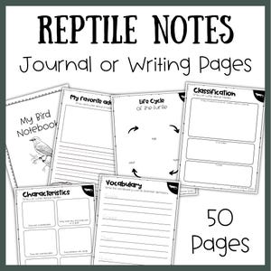 Könnte beinhalten: Eine Sammlung von Reptilien-Themen-Journalseiten mit dem Titel "REPTILE NOTES" in fetten schwarzen Buchstaben. Die Seiten enthalten Abschnitte zum Schreiben, Zeichnen und Vokabular, mit einer Anzahl von "50 Seiten". Ein "My Bird Notebook" ist ebenfalls sichtbar.