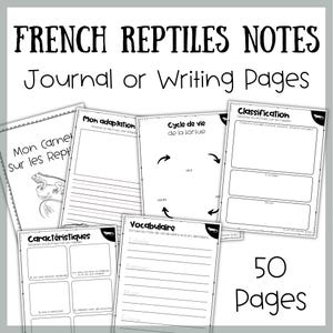 Könnte beinhalten: Eine Sammlung von schwarz-weißen Journalseiten mit dem Titel "FRENCH REPTILES NOTES" und "Journal or Writing Pages". Die Seiten enthalten Abschnitte für Notizen, Vokabeln und Diagramme. Das Bild enthält auch den Text "50 Pages."