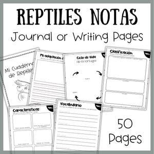 Puede incluir: Un conjunto de páginas de diario o escritura con temática de reptiles. Las páginas incluyen títulos como "Reptiles Notas", "Mi Cuaderno de Reptiles" y "Ciclo de Vida de la tortuga". El conjunto contiene 50 páginas.