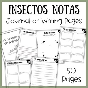 May include: A collection of insect-themed journal or writing pages. The pages include titles such as "Insect Notes," "My Insect Notebook," and "Vocabulary." The image also shows the text "50 Pages."