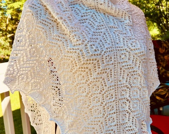 White Cotton Merino Lace Knit Shawl Wrap