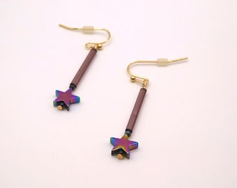 Purple and Gold Dangling Star Earrings (B)