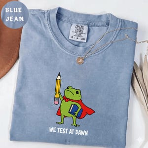 May include: Blue jean Comfort Colors t-shirt featuring a cartoon frog wearing a cape and holding a pencil and book. The text "WE TEST AT DAWN" is printed below the frog. A silver necklace with a pendant is draped across the shirt.