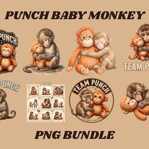 May include: A collection of digital illustrations featuring monkeys and plush toys. The images include the text "PUNCH BABY MONKEY", "TEAM PUNCH", and "PNG BUNDLE". The illustrations are in shades of brown, orange, and tan.