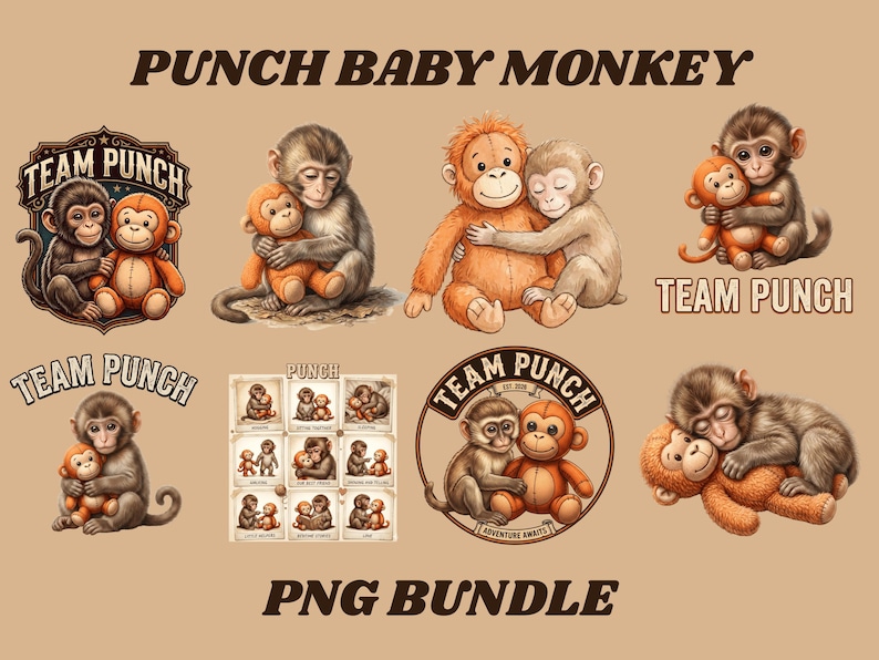 May include: A collection of digital illustrations featuring monkeys and plush toys. The images include the text "PUNCH BABY MONKEY", "TEAM PUNCH", and "PNG BUNDLE". The illustrations are in shades of brown, orange, and tan.