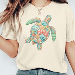 Sea Turtle Patchwork T-Shirt, Comfort Colors Tee, Summer Beach Vibes, Faux Quilted Appliqué, Coastal Ocean Shirt, Unisex Casual Top