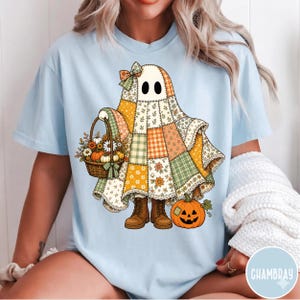 Patchwork Ghost Shirt, Comfort Colors Halloween Tee, Cute Cottagecore Fall Pumpkin Ghost Shirt, Faux Quilt Spooky Season Top