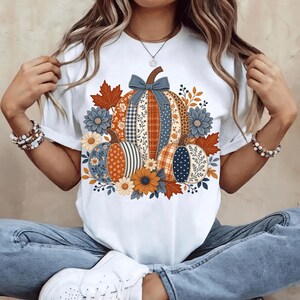 Camiseta de calabaza con patchwork de imitación, camiseta de otoño Comfort Colors, calabaza floral a cuadros de leopardo, camiseta bohemia de otoño, lindo regalo de Acción de Gracias, estilo rústico