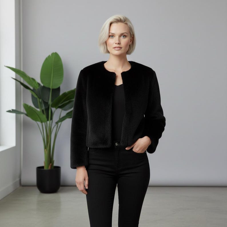 May include: A black faux fur jacket with a cropped silhouette. The jacket has a round neckline and long sleeves. The model is wearing black pants and a black top. A large green plant is in the background.