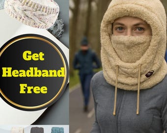 Winter Balaclava Ski Mask Hooded, Plush Womens Neck Warmer, Scarf Beanie | Free Matching Headband