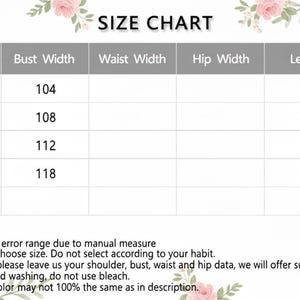 May include: A size chart with measurements in centimeters for clothing. The chart includes sizes XS to L, with shoulder width, bust width, waist width, hip width, length, and sleeve length measurements. Floral accents frame the chart.
