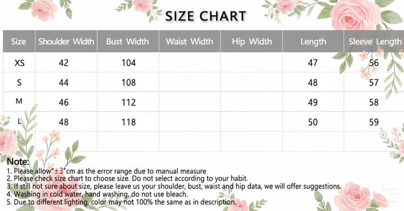 May include: A size chart with measurements in centimeters for clothing. The chart includes sizes XS to L, with shoulder width, bust width, waist width, hip width, length, and sleeve length measurements. Floral accents frame the chart.