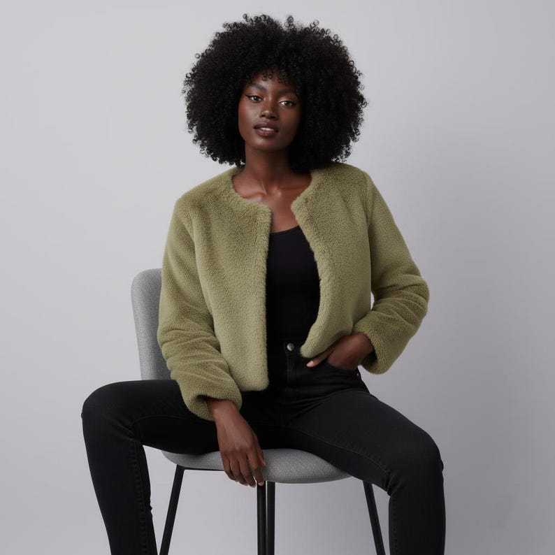May include: A woman wearing a light olive green faux fur jacket with a round neckline and long sleeves. She is wearing a black top and black jeans. She is seated on a gray chair against a gray background.