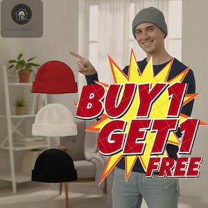Peut inclure: Présentation de trois bonnets en tricot, rouges, blancs et noirs. Une personne montre les bonnets, portant un bonnet gris. L'image comprend le texte "BUY 1 GET 1 FREE" dans un design en forme d'éclat.