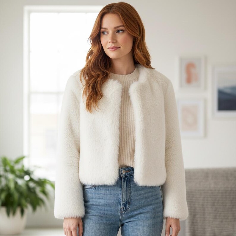 May include: A white faux fur jacket with a collarless design. The jacket has long sleeves and a cropped length. The model is wearing a cream-colored sweater and blue jeans. The background includes a window and framed artwork.