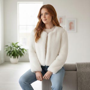 May include: A white faux fur jacket with a round neckline and long sleeves. The jacket is open in the front and has a soft, fluffy texture. The model is wearing blue jeans. The jacket is a stylish outerwear option.
