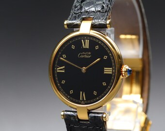 Near MINT Cartier Must de Vendome LM Vermeil 590003 30mm Quartz Black Unisex