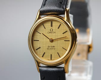 1981 Near MINT OMEGA De Ville 24mm 591.0094 Quartz Gold Dial Women's Vintage
