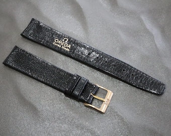 MINT OMEGA Vintage Genuine Black Leather Strap 17mm Band Gold Buckle Men's #2498