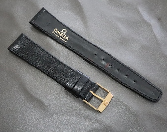Near MINT OMEGA Vintage Black Leather Strap 17mm Band Gold Buckle Men's #2236