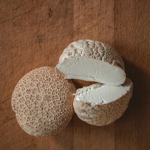 以下が含まれることがあります： 木製の表面に3つのホコリタケのクローズアップ。1つのキノコは丸ごとで、もう1つはカットされており、白くスポンジのような内部が明らかになっています。キノコは、テクスチャ加工されたタン色の外観をしています。