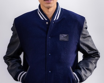 Giacca stile college da uomo blu navy – Corpo in lana, maniche in vera pelle / Giacca bomber letterman fatta a mano / Regalo streetwear per lui
