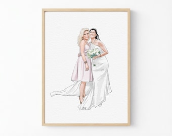 Custom Bride and Mother Portrait, Wedding Gift Mother of Bride, Watercolor Drawing Mother and Daughter, Portrait Art Mother of Bride