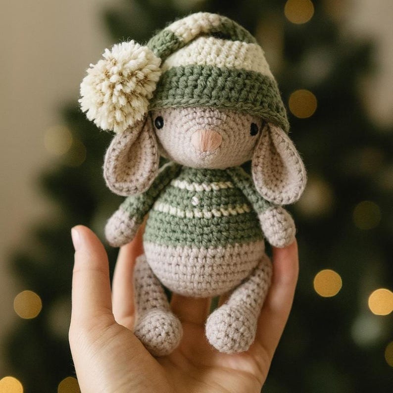 May include: A handmade crochet bunny doll with a green and white striped hat and sweater. The bunny has long ears, a pink nose, and a cream-colored pom-pom on its hat. The doll is made of soft yarn and is a cute, cuddly toy.