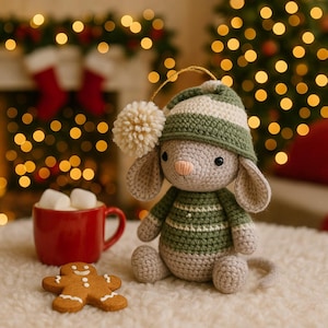 May include: A crocheted bunny wearing a green and white striped hat and sweater. The bunny has a beige pom-pom on its hat and is sitting on a white surface. A red mug with marshmallows and a gingerbread man are in the foreground.