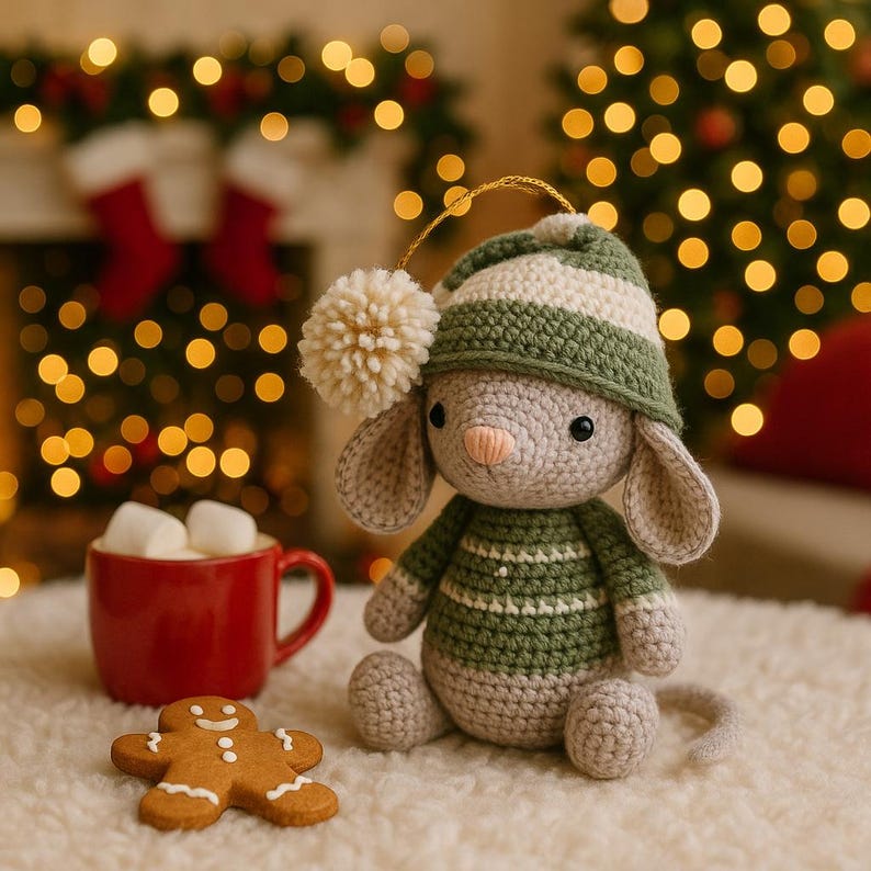 May include: A crocheted bunny wearing a green and white striped hat and sweater. The bunny has a beige pom-pom on its hat and is sitting on a white surface. A red mug with marshmallows and a gingerbread man are in the foreground.