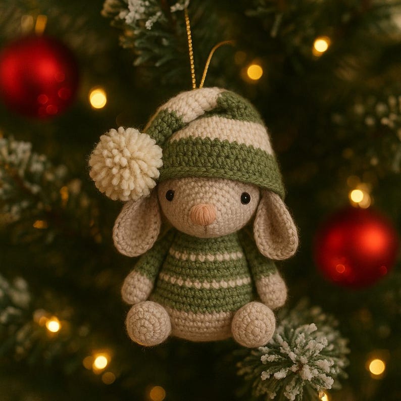 May include: A handmade crochet bunny Christmas ornament. The bunny wears a green and white striped hat and sweater. The ornament has a beige pom-pom and a gold string for hanging. The bunny has long ears and a pink nose.