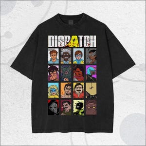 May include: Black t-shirt with the word "DISPATCH" in white block letters and a yellow accent. The shirt features a grid of colourful cartoon portraits. The portraits have diverse skin tones and hairstyles.