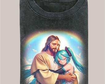 Jesus and Miku Vintage Washed Shirt, Anime Girl Shirt, Anime Manga Fan Jpop Lover
