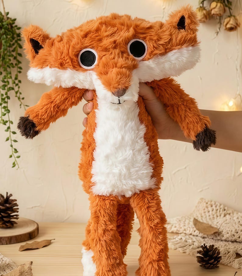 May include: A plush fox toy with orange fur, white chest, and large black eyes. The fox has a long body and outstretched arms, with brown accents on the ears and paws. The toy is soft and cuddly, perfect for children.