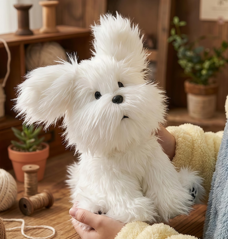 May include: A fluffy white stuffed dog with black eyes and nose. The plush toy has long, shaggy fur and large, floppy ears. The dog is sitting upright and appears to be held by someone. The background includes wooden shelves and small potted plants.