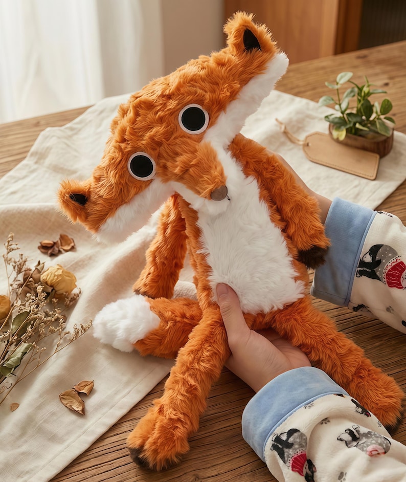 May include: A plush fox toy with orange fur, white chest and paws, and large black eyes. The fox has a long snout and ears with black tips. The toy is soft and cuddly, perfect for children.