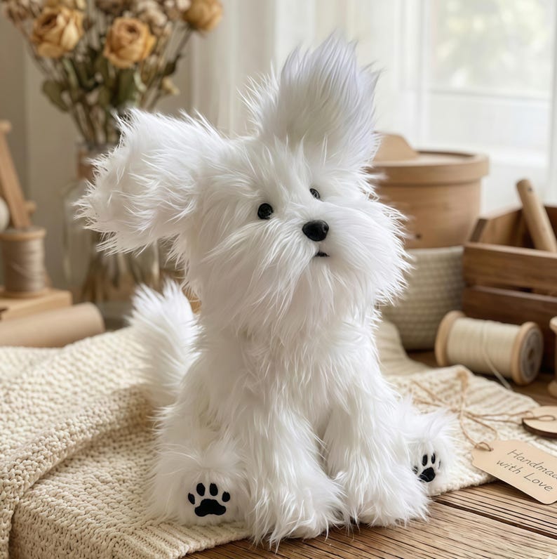 May include: A fluffy white stuffed dog with black paw prints on its feet sits on a cream-colored knitted blanket. The dog has large, upright ears and a black nose. A tag that says "Handmade with Love" is attached.