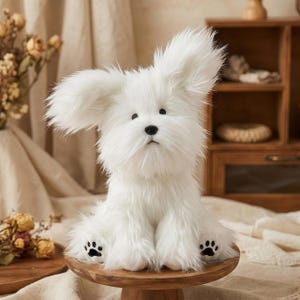 May include: A fluffy white stuffed dog with large, floppy ears and black paw prints on its feet. The plush toy is sitting on a small wooden stand. The dog has a sweet, innocent expression.