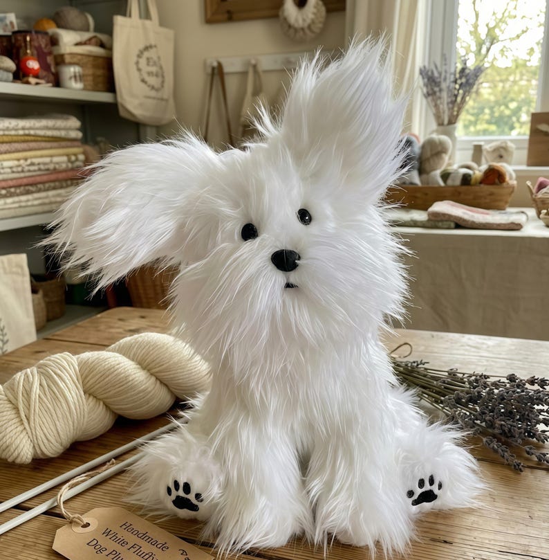 May include: A handmade white fluffy dog plush toy with large ears and black paw prints on its feet. The plush is sitting on a wooden surface, with yarn and knitting needles nearby. The tag reads "Handmade White Fluffy Dog Plush".
