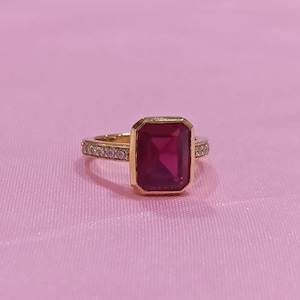 Emerald Cut Simulated Red Ruby Ring, 14K Yellow Gold Plated Bezel Sterling Silver, July Birthstone