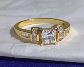 Princess Cut Engagement Ring, Geometric Baguette, Yellow Gold Plated Sterling Silver