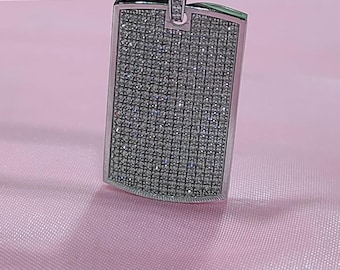 Pave Diamond Dog Tag-hanger | Sterlingzilver, 14 kt witgouden vergulde bedel