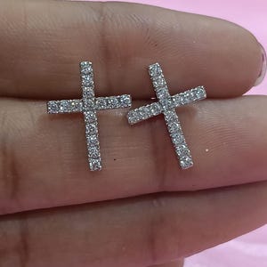 925 Sterling Silver Simulated Diamond Cross Stud Earrings, Everyday Wear, 14K White Gold Plated