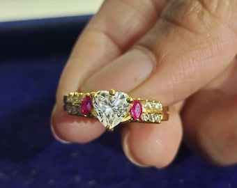 Heart Ruby Ring, 14K Yellow Gold Plated Engagement Wedding Promise Ring