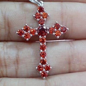 Round Cut Ruby Cross Pendant Necklace | 14K White Gold Plated Sterling Silver, 18" Chain