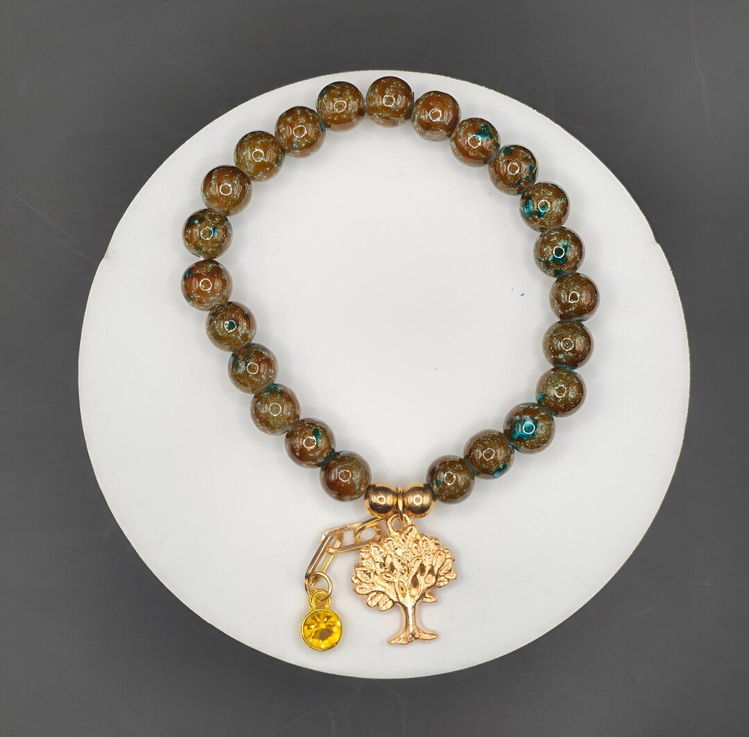 Handmade Beaded Bracelet: Tree of Life Charm, Brown Gemstone - Etsy