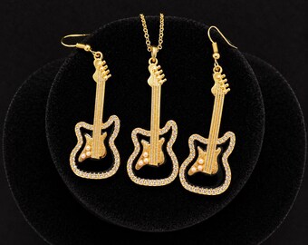 Gold Guitar Pendant Necklace Earrings Set, Rhinestone Guitar Jewelry, Music Lover Gift for Women