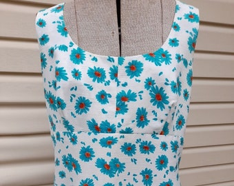 Vintage Daisy Maxi Dress Sleeveless White Blue 38" Bust