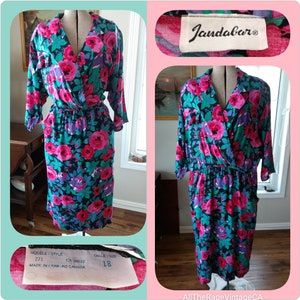 Vintage Plus Size 18 Dress Black Pink Purple Green Flowers 1980s 1990s Crossover Bust and Pockets