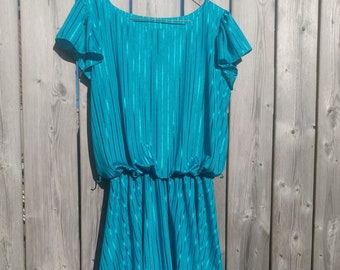 Vintage 70s 80s Turquoise Dress Shiny Disco Size 13 39" Bust